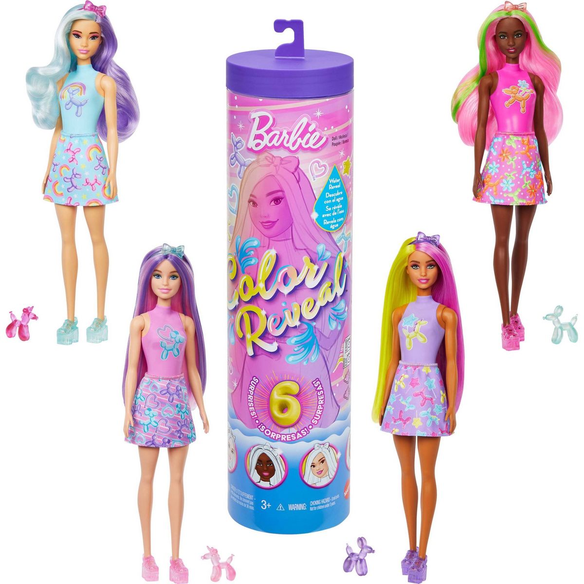 A purple tube surrounded by four Barbie dolls