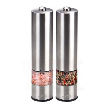 Electric Salt and Pepper Grinder Set-Battery Operated Stainless Steel Mill  (2)with led light -Automatic one-handed operation shaker - Acacia Wood base