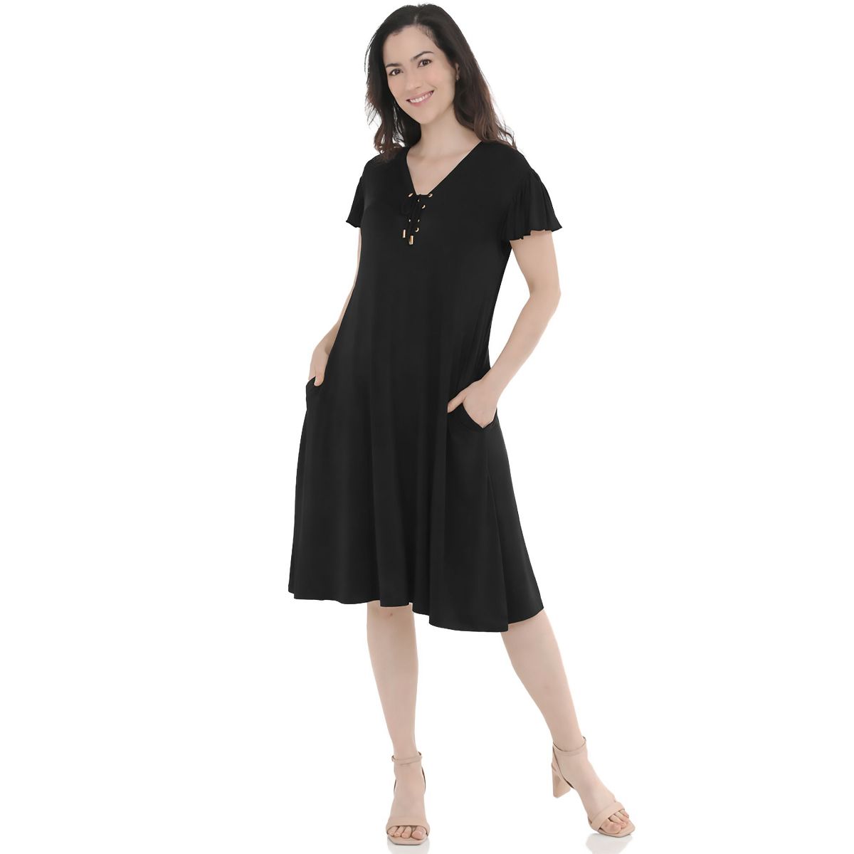 Women’s V-Neck Tie Front Flutter Sleeve Shift Dress -White Mark - thumbnail 5