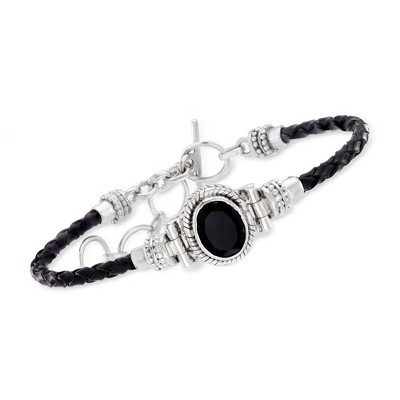 Ross-Simons Black Onyx Bracelet With Braided Black Leather in Sterling Silver Size 7