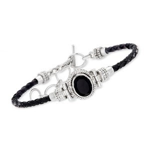 Ross-Simons Black Onyx Bracelet With Braided Black Leather in Sterling Silver Size 7 - 1 of 4