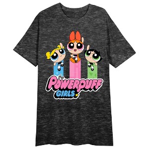 Powerpuff Girls Reboot CHaracters Flying Above Logo Crew Neck Short Sleeve Black Heather Women's Night Shirt - 1 of 2