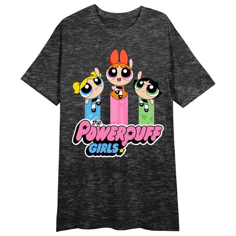 Powerpuff Girls Reboot CHaracters Flying Above Logo Crew Neck Short Sleeve Black Heather Women's Night Shirt, 1 of 3
