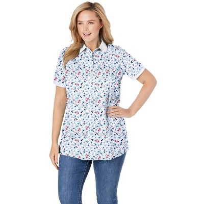 Woman Within Plus Size Perfect Printed Short-Sleeve Polo Shirt