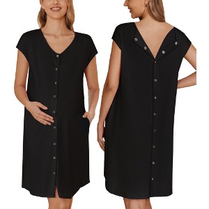 Ekouaer Labor/Delivery/Hospital Gown Nursing Nightgown Maternity Sleepwear With Pockets Postpartum Gowns With Button Black L