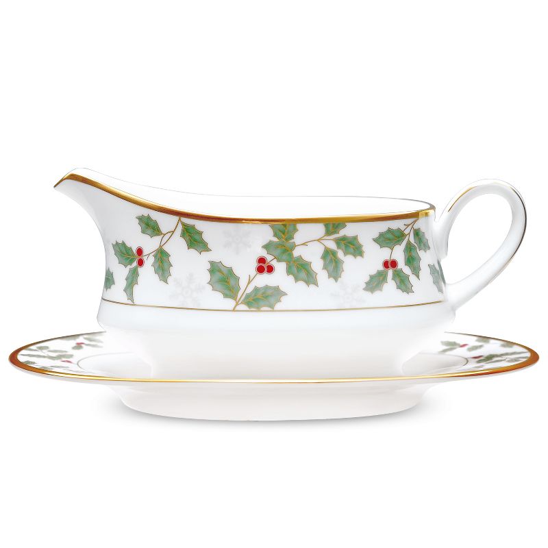 Noritake Holly and Berry Gold Gravy Boat with Tray, 1 of 4