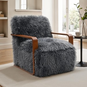 Sapphtopaz Modern Faux Fur Accent Chair with Curve Wooden Arms Upholstered Comfy Reading Chair Ultra Soft Armchair for Living Room, Bedroom - 1 of 4