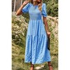 Women's Summer Crew Neck Short Sleeve Smocked Midi Dress Casual Elastic Waist Tiered A Line Maxi Dress - 3 of 4