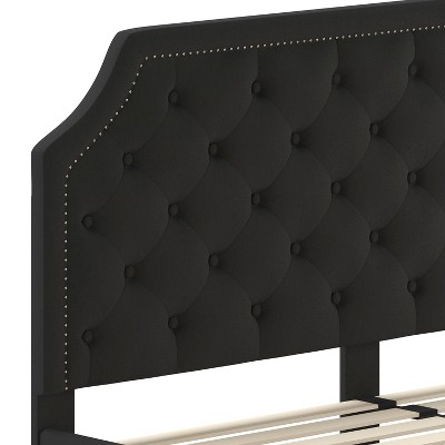 King Black Upholstered Platform Bed with Tufted Headboard
