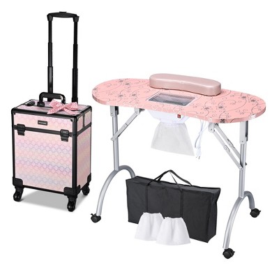 Byootique Folding Manicure Table & Rolling Makeup Train Case Blush ForgetMeNot
