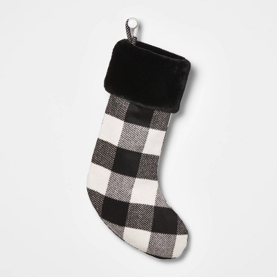 Buffalo Plaid Christmas Stocking with Faux Fur Cuff Black/Ivory - Wondershop™