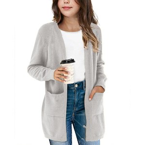 Clearlove Girls' Solid Color Knit Cardigan Long Sleeve Open Front Sweater with Pocket Cute Loose Fit Outerwear for Kids - 1 of 3
