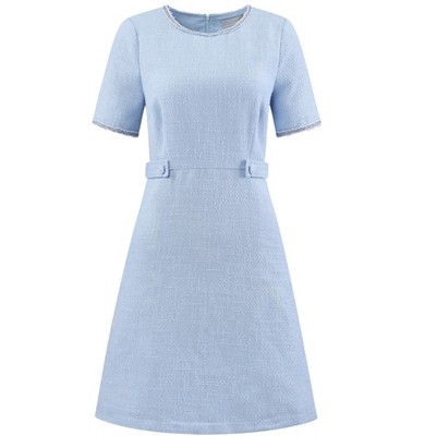 Hobemty Women's Tweed  Round Neck Short Sleeve Elegant Work A-Line Short Dress