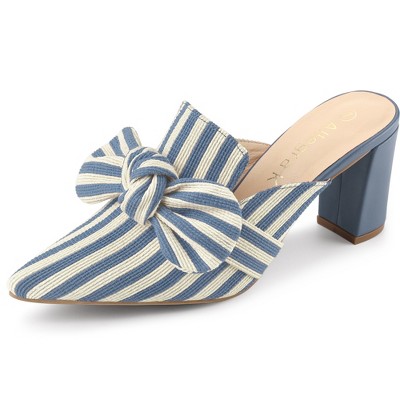 Allegra K Women's Stripe Bow Pointed Toe Block Heel Mules