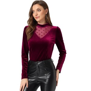 INSPIRE CHIC Women's Casual Velvet Long Sleeve Choker Neck Heart Dots Mesh Panel Top - 1 of 4