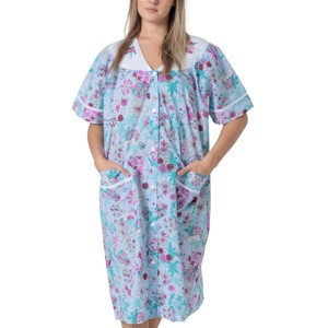 YafeMarte Women's Short Sleeve Woven Snap-Front Closure Housecoat Duster Lounge Nightgown Robe - 1 of 4