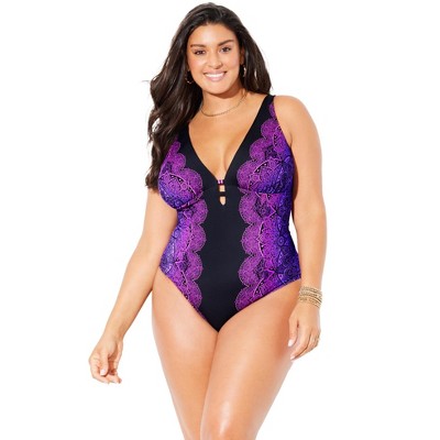 Swimsuits For All Women's Plus Size Deep V-neck One Piece Swimsuit