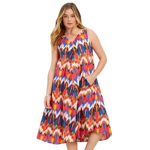 June + Vie by Roaman's Women's Plus Size Sleeveless Swing Dress, 10/12 -  Multi Medallion Ikat