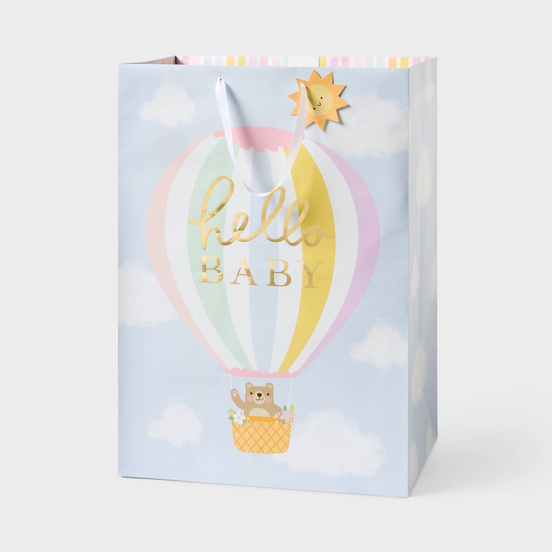 XXL Foil Print 'Hello Baby' Hot Air Balloon Baby Shower Gift Bag with Tag Blue - Spritz™