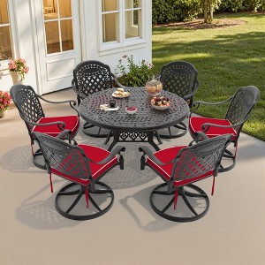 7-Piece Round Cast Aluminum Outdoor Patio Dining Set with Swivel Chairs & Red Cushions & Umbrella Hole - 1 of 4