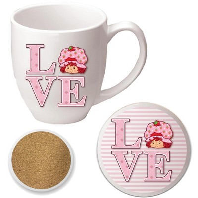 Courtside Market Strawberry Shortcake Love Pink & White II 16 oz Mug & Ceramic Coaster Set