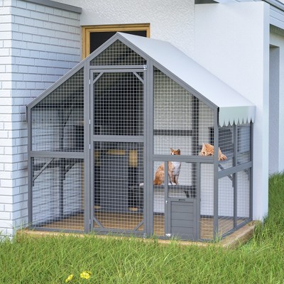 Large Outdoor Cat House, 28ft2 Luxury Wooden Catio Enclosure with Roof Cover, 2 Cat Doors, Bridges, Playpens & Hiding Houses, Grey - Nertpow