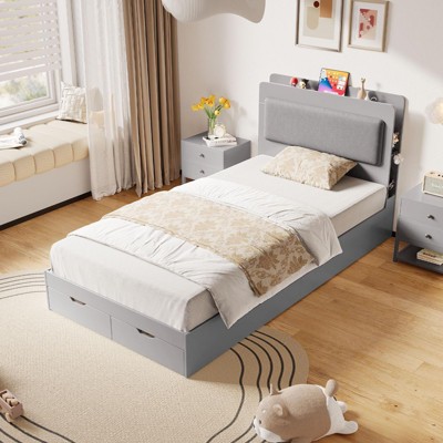 Homhougo Bed Frame, Wooden Platform Bed Frame with 2-Tier Storage Headboard and 2 Drawers Beige