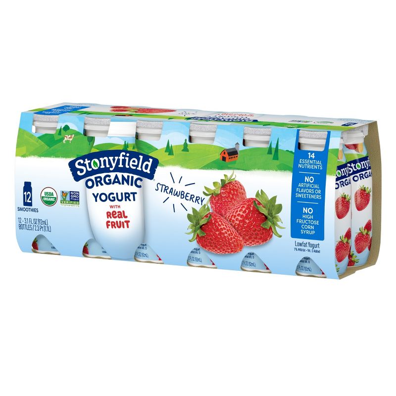 Stonyfield Organic Kids&#39; Strawberry Yogurt Smoothies - 12pk/3.1 fl oz Bottles, 1 of 7