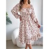 Women's Smocked Lantern Long Sleeve Fall Casual Boho Long Dress Square Neck Flowy Swing A Line Midi Dress - 3 of 4