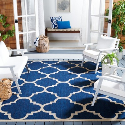 Navy and Beige Synthetic Rectangular Indoor/Outdoor Rug