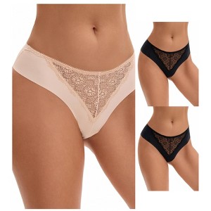 INSPIRE CHIC Women's Mid Waisted Briefs Smooth Silky Panties Soft Lace Breathable Underpants 3 Packs - 1 of 4