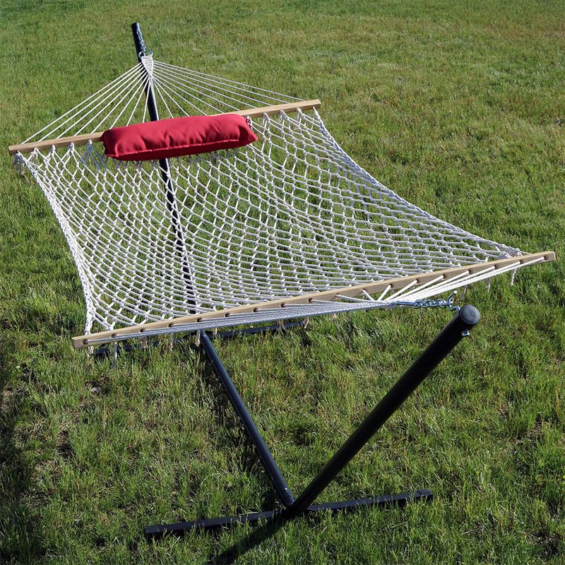 Sunnydaze Cotton Rope Freestanding Hammock with Spreader Bar with Portable Steel Stand and Pad and Pillow Set - 12' Stand, 5 of 9
