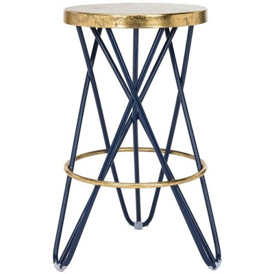 Beige and Blue Wood Metal Backless Counter Stool
