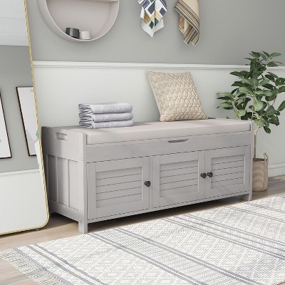 Acekool Wash Shoe Storage Bench – Removable Cushion with 3 Shutter Door,sturdy Wood Legs, Hidden Top Storage for Entryway & Bedroom