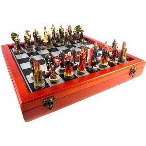 WorldWise Imports Chess Set -Robin Hood Resin Chessmen on Cherry Stained Chest - 1 of 4