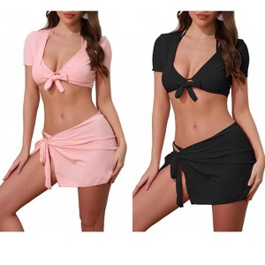 INSPIRE CHIC Women's Tie Knot Halter Ribbed Short Sleeve Cover Up Set Triangle Bottom Swimwear Bathing Bikini Suits 2 Sets - 1 of 4