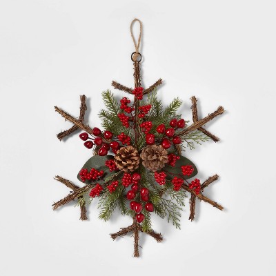 20" Vine Snowflake with Greenery & Red Berries Artificial Wreath - Wondershop™