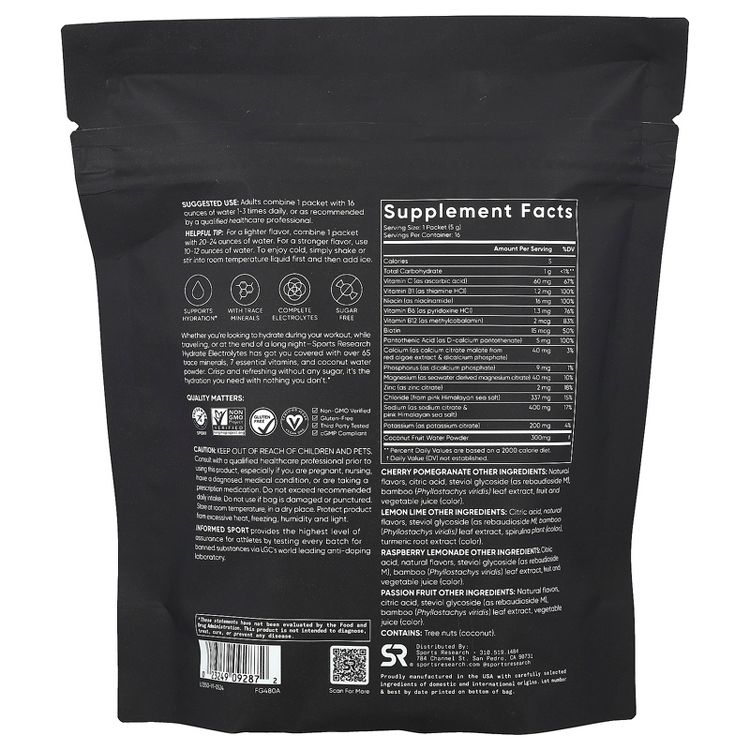 Sports Research Hydrate Electrolytes, Variety Pack, 16 Packets, 0.18 oz (5 g) Each, 2 of 3