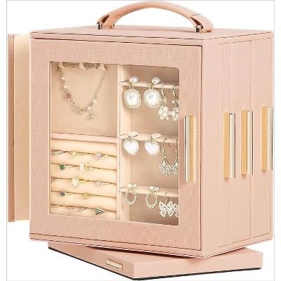 Jewelry Box 360° Rotating, Necklace Earring Organizer with Transparent Window, Mirror, 7 Drawers