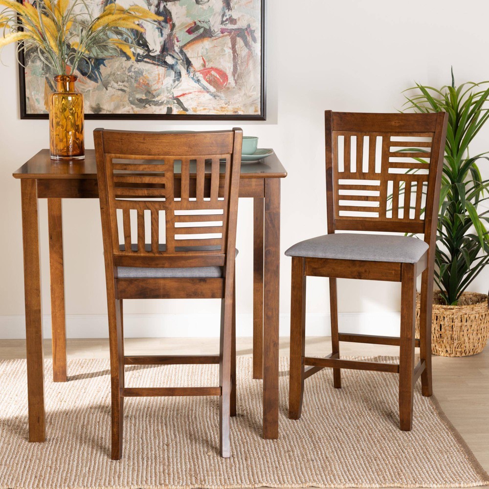 Photos - Storage Combination Set of 2 Deanna Fabric and Wood Counter Stools Gray/Walnut Brown - Baxton