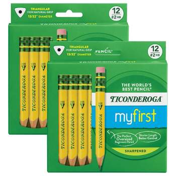 Ticonderoga® My First® Short Wooden Pencils, Large Triangle Barrel, Sharpened, #2 HB Soft, With Eraser, Yellow, 12 Per Pack, 2 Packs