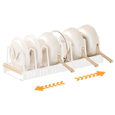 LunaLulinlk Expandable Pots and Pans Organizer, Metal Pan Lid Organizer with 7 Adjustable Dividers Pot Rack for Kitchen Cabinets, White