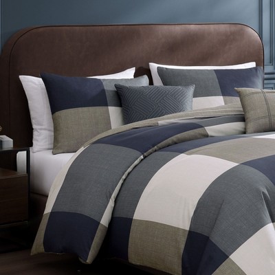 Bebejan Checkered Navy Tan 100% Cotton Sateen 5 Piece Plaid Reversible Comforter Set, All Season Bedding Set - Queen — фото 3
