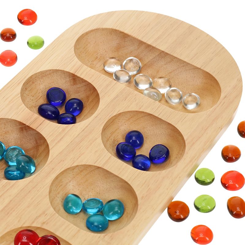 WE Games Mancala Board Game - 22 in., Solid Natural Wood Board and Glass Stones, 3 of 9