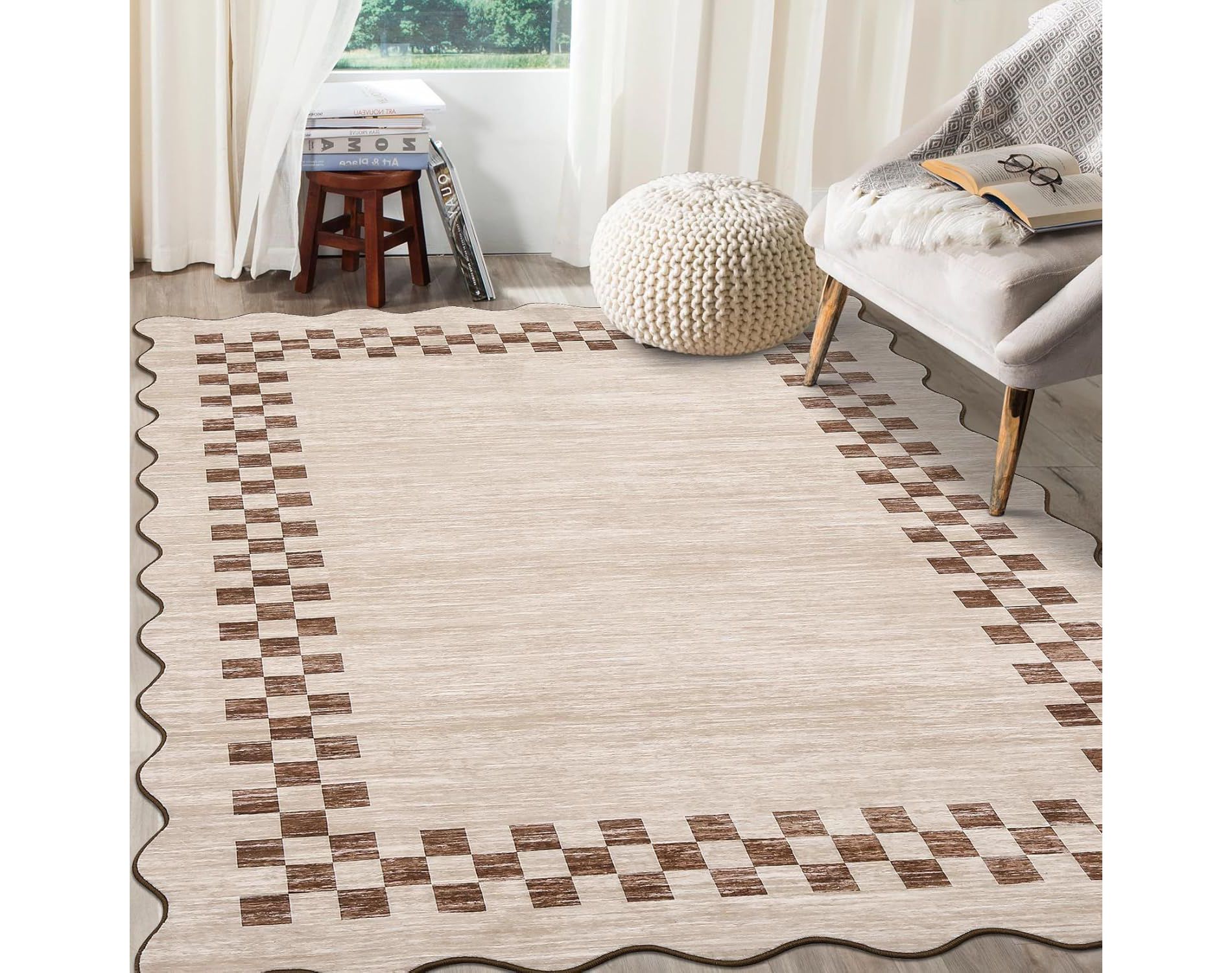 Acekool Washable Scalloped Area Rug Non Slip Low Pile Modern Border Carpet for Living Room Bedroom Dining Room Nursery Home Office