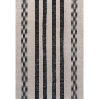 Modern Handcrafted Cream/Black Stripe Synthetic 9' x 12' Area Rug