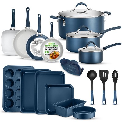 NutriChef 20pc Non-Stick Cookware and Bakeware Set with Silicone Strainer - NCCW20SBLU, Blue