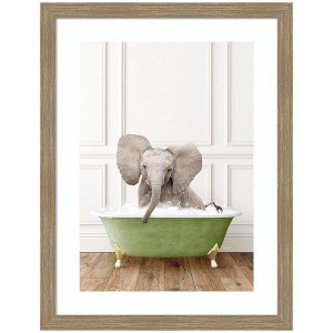 Kate and Laurel Baby Elephant in Transitional Bathtub by Amy Peterson Framed Wall Art Print, 20 x 26, Woodgrain Stripe Mocha - 1 of 4