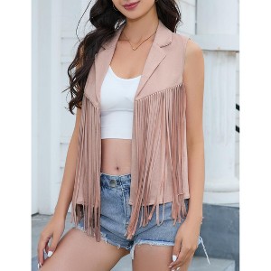 MISSKY Women's Tassel Vest Hippie Faux Suede Rivets Sleeveless Costume Fringe Jacket - 1 of 4