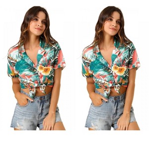 Allegra K Women's Hawaiian Floral Leaves Printed Short Sleeve Button Down Vintage Shirt 2 Pcs - 1 of 4